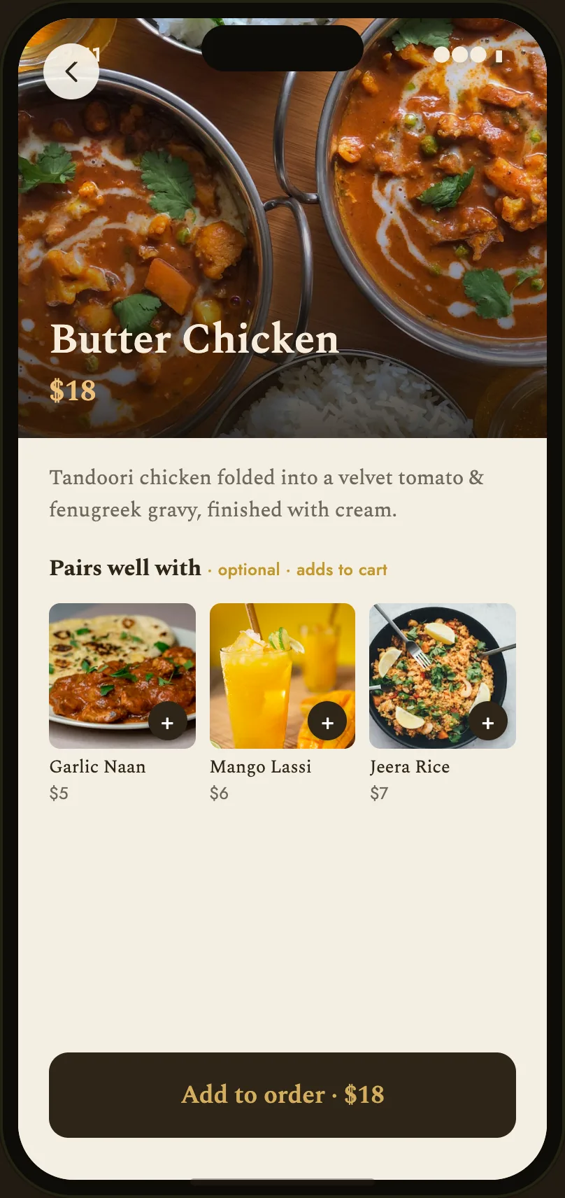 QRate on a guest's phone, showing the dish Butter Chicken with its price and description, and a “Pairs well with” row suggesting Garlic Naan, Mango Lassi and Jeera Rice.